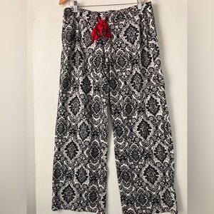 Soma Black & White Damask Pattern Knit Lounge Pajama Pants with Red Drawstring